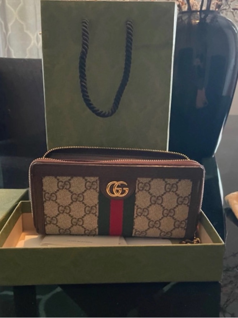 Gucci Beige Brown GG Canvas Zip Wallet with Green-Red Web and Gold Hardware